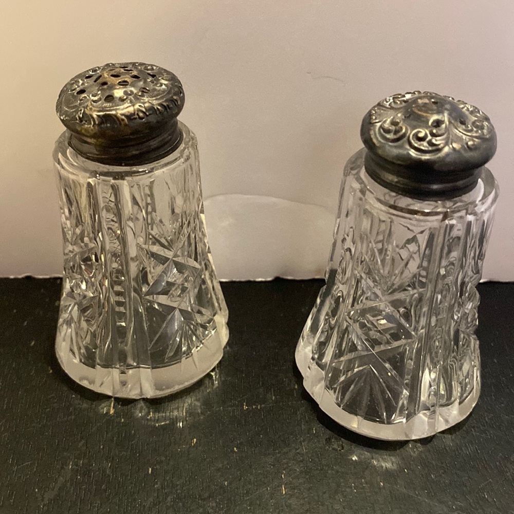 VTG Sterling sliver tops cut glass salt and pepper shakers
